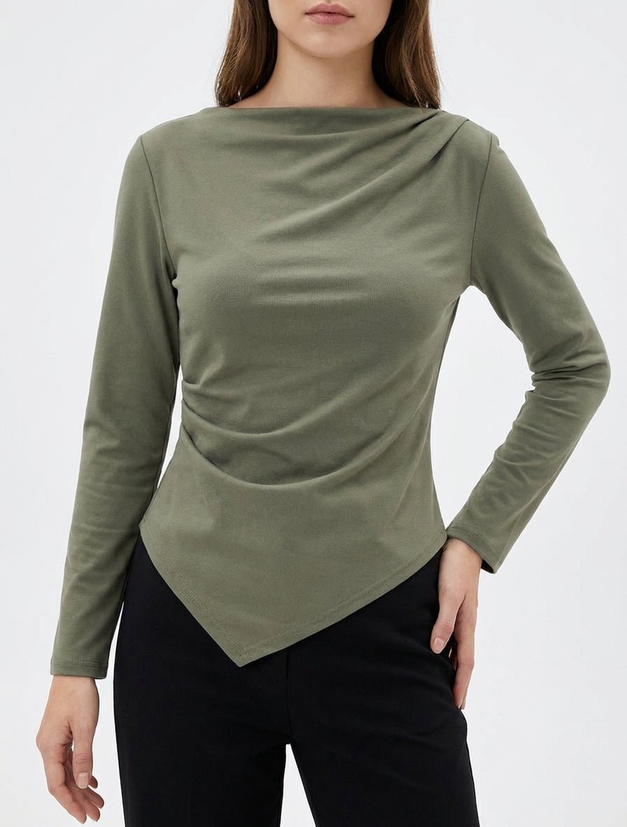 Top asimmetrico a maniche lunghe - Cachi