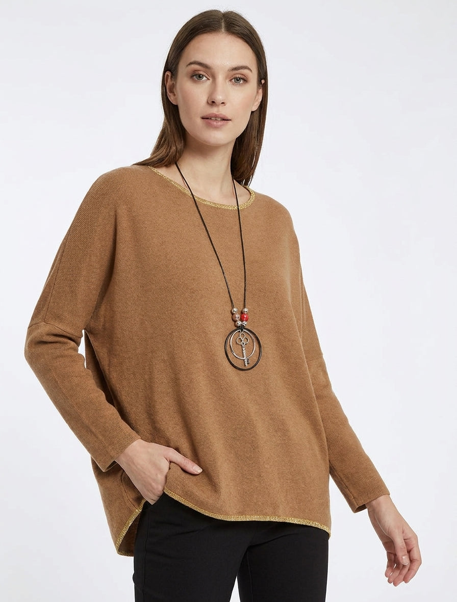 Maglione a tinta unita con maniche a pipistrello lunghe - Chameau