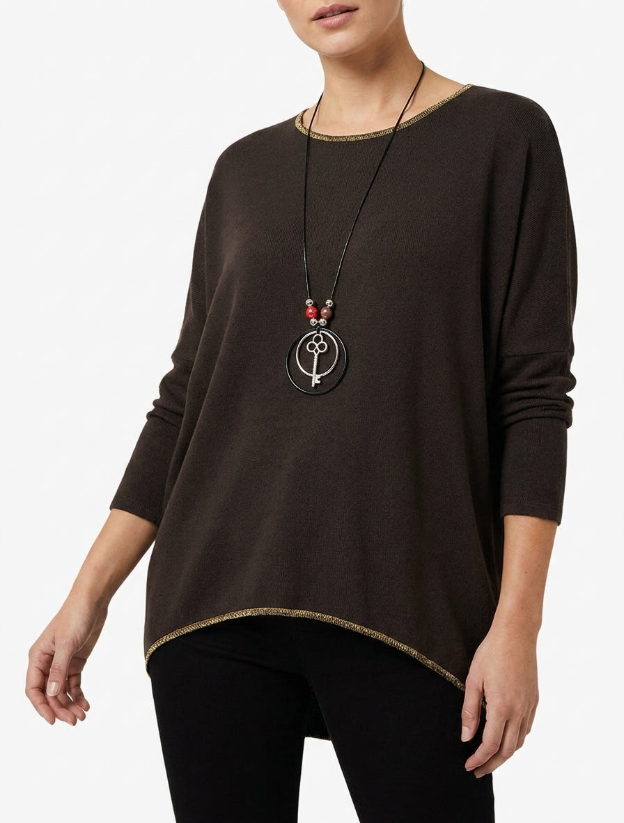 Maglione a tinta unita con maniche a pipistrello lunghe - Marrone