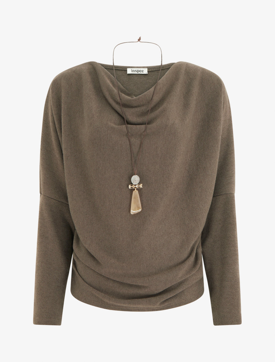 Pull fin à manches chauve-souris et col bénitier - Taupe foncé - 1