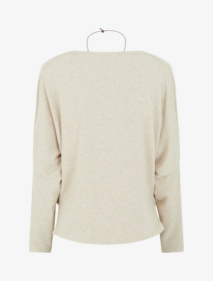 Pull côtelé à manches chauve-souris et col bénitier - Beige - 2