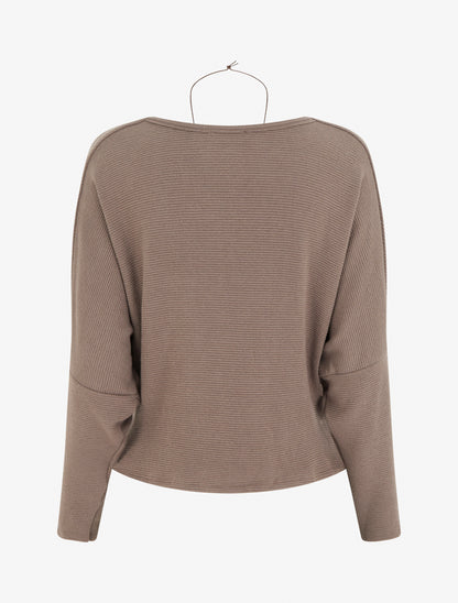 Pull côtelé à manches chauve-souris et col bénitier - Taupe - 2