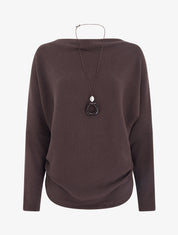 Pull côtelé à manches chauve-souris et col bénitier - Marron - 1
