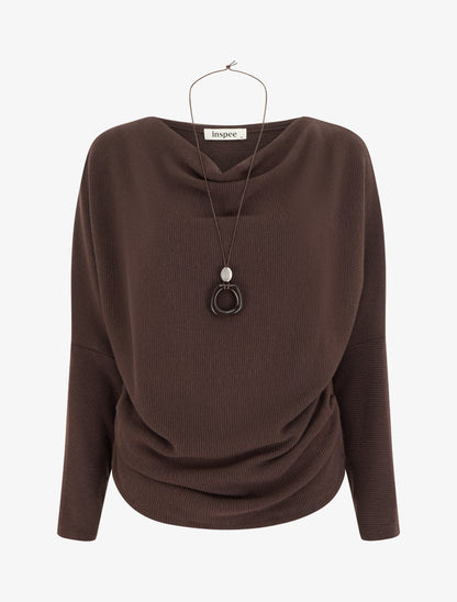 Pull côtelé à manches chauve-souris et col bénitier - Marron - 1