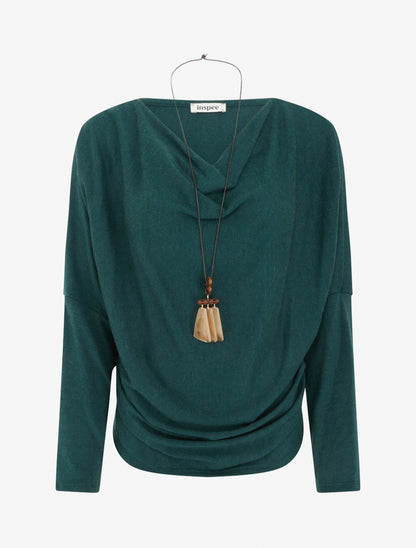 Pull fin à manches chauve-souris et col bénitier - Vert sapin - 1