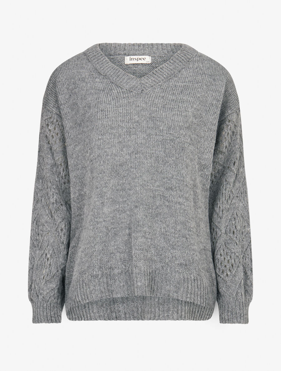 Pull ample à manches ajourées - Gris chiné - 4