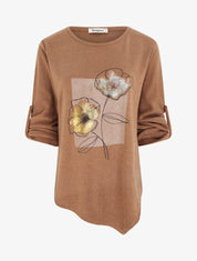 Pull à bords asymétriques et motif floral irisé - Camel - 1