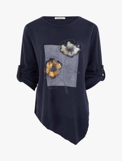 Pull à bords asymétriques et motif floral irisé - Marine - 1