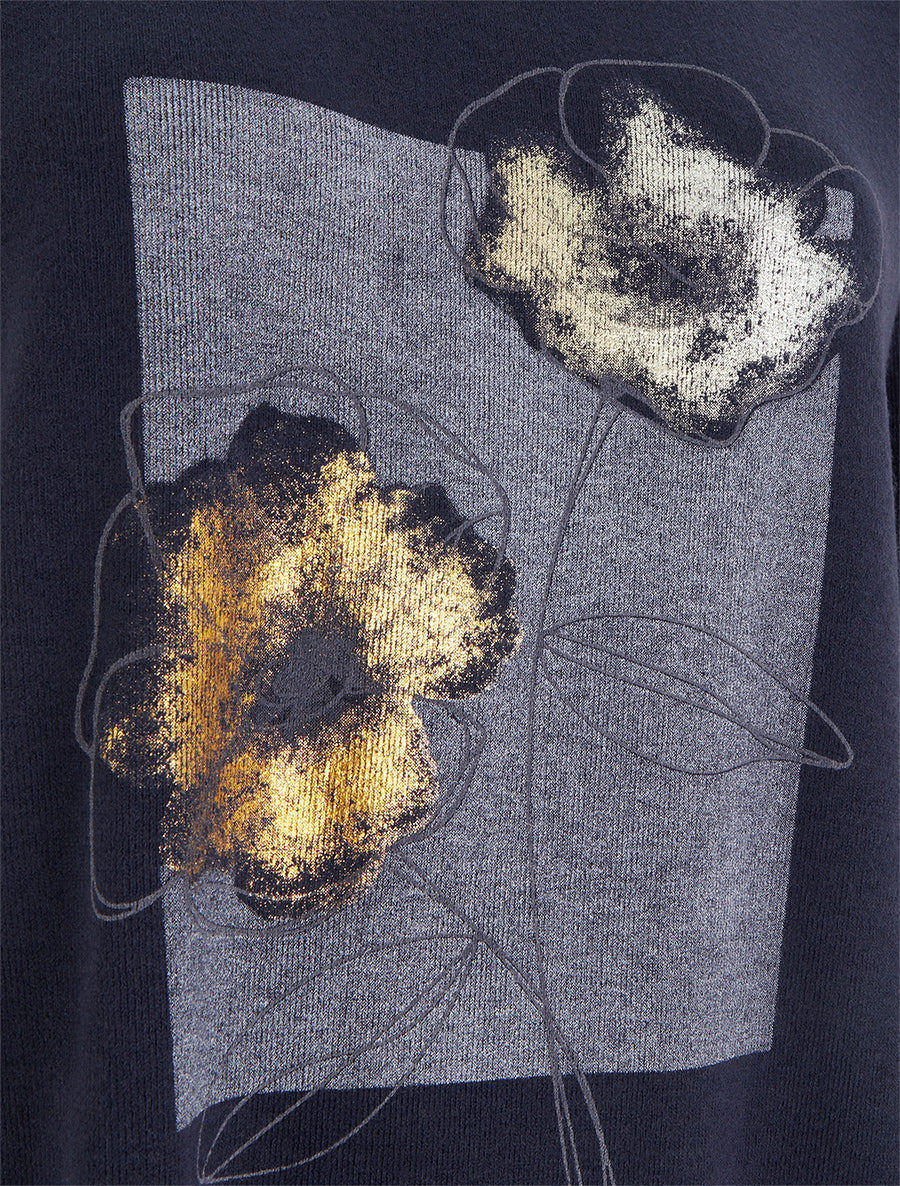 Pull à bords asymétriques et motif floral irisé - Marine - 3