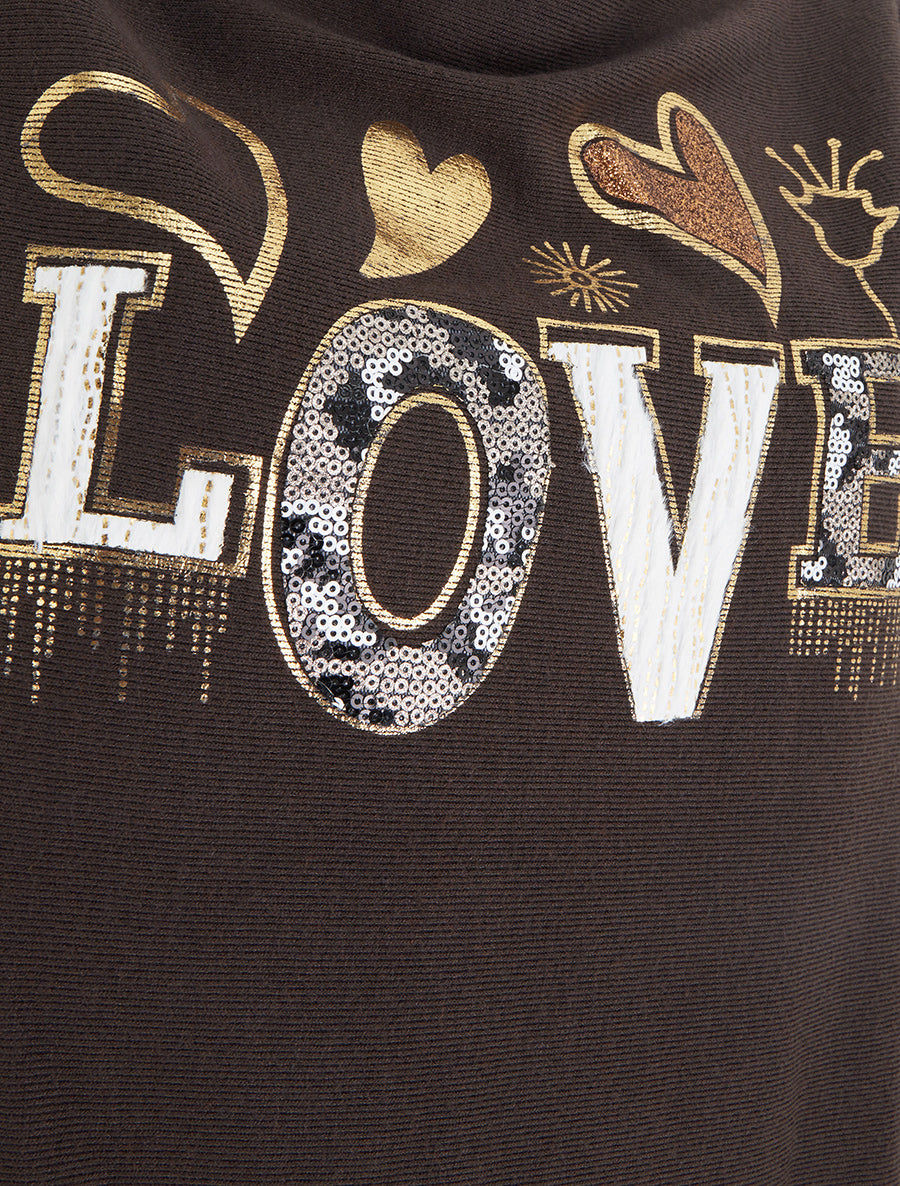 Pull à col bénitier et inscription LOVE - Marron - 3