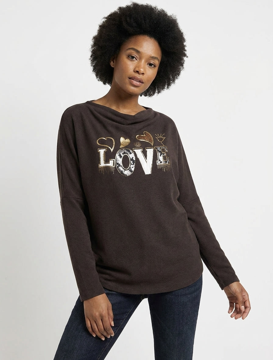 Maglione con collo a cascata e scritta LOVE - Marrone