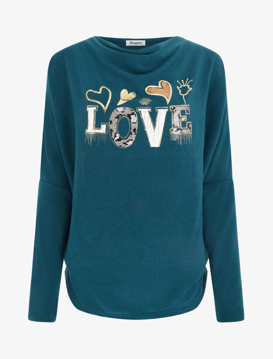 Pull à col bénitier et inscription LOVE - Bleu canard - 1