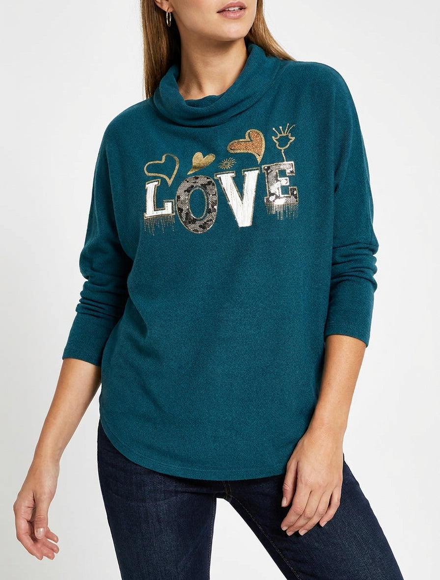 Maglione con collo a cascata e scritta LOVE - Blu petrolio