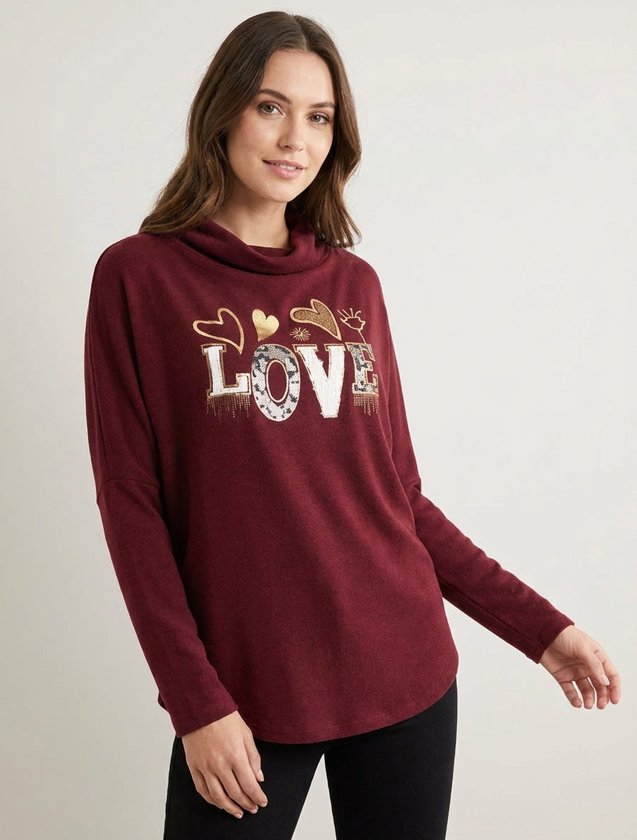 Maglione con collo a cascata e scritta LOVE - Bordeaux