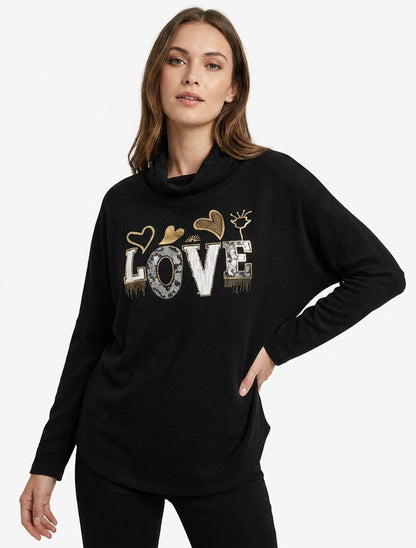 Maglione con collo a cascata e scritta LOVE - Nero
