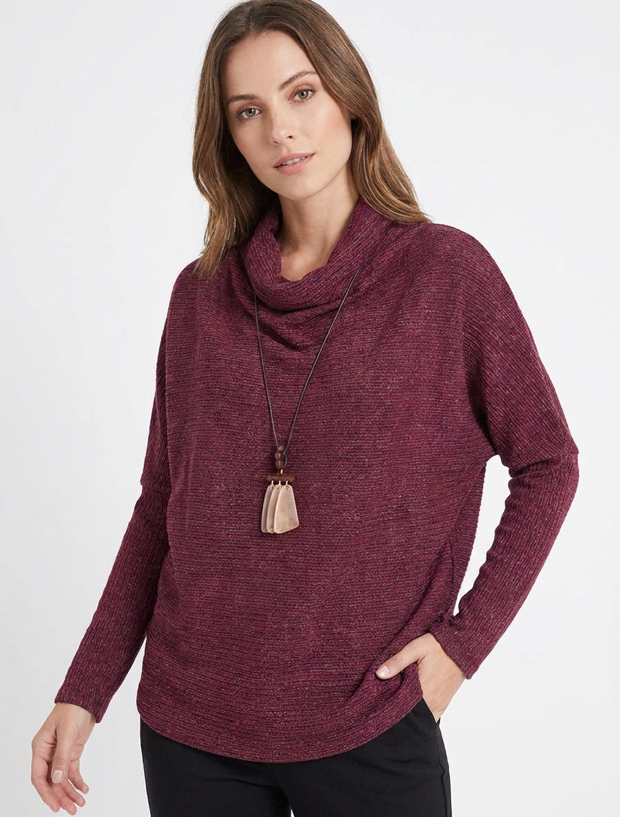 Maglione a collo a cascata in maglia a righe - Feccia di vino