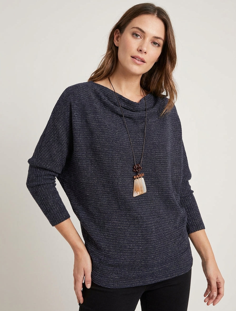 Maglione a collo a cascata in maglia a righe - Marina