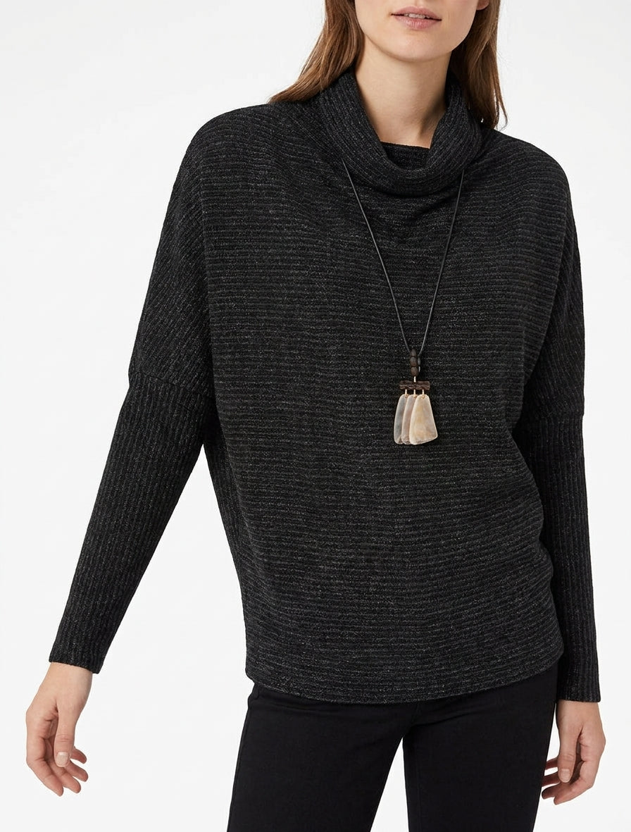 Maglione a collo a cascata in maglia a righe. - Nero