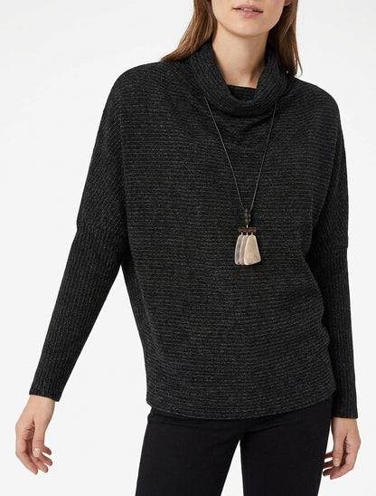 Maglione a collo a cascata in maglia a righe. - Nero