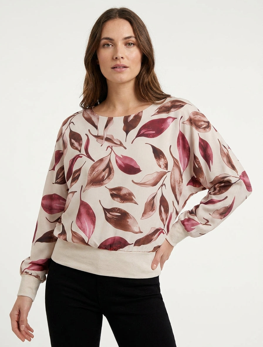 Top a foglie stampate con maniche a pipistrello - Beige