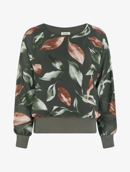 Top boule imprimé feuilles à manches chauve-souris - Kaki foncé - 1