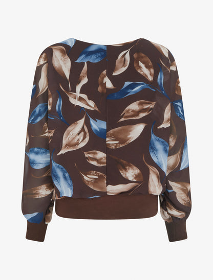 Top boule imprimé feuilles à manches chauve-souris - Marron - 2