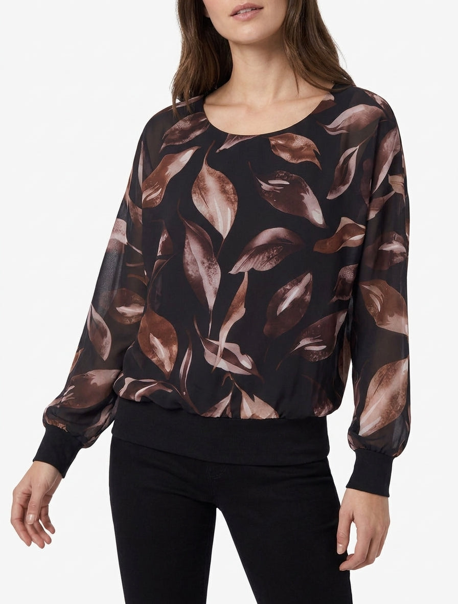 Top a foglie stampate con maniche a pipistrello - Nero