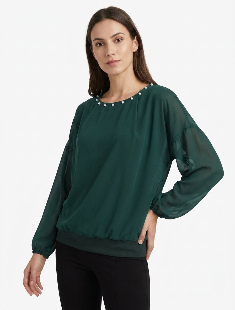 Top con collo rotondo perlato e maniche lunghe - Verde scuro