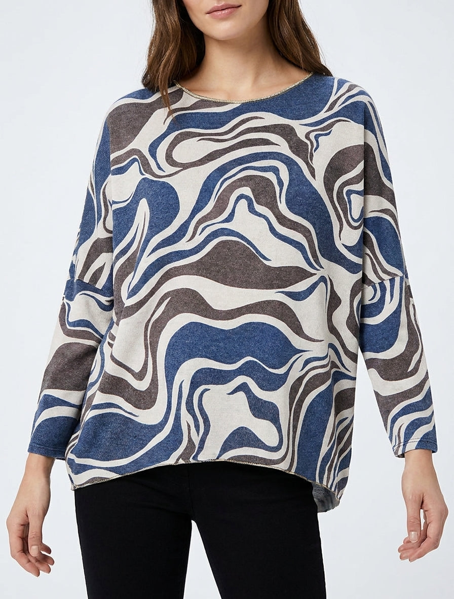 Maglia sottile stampata astratta con scollo rotondo - Marina