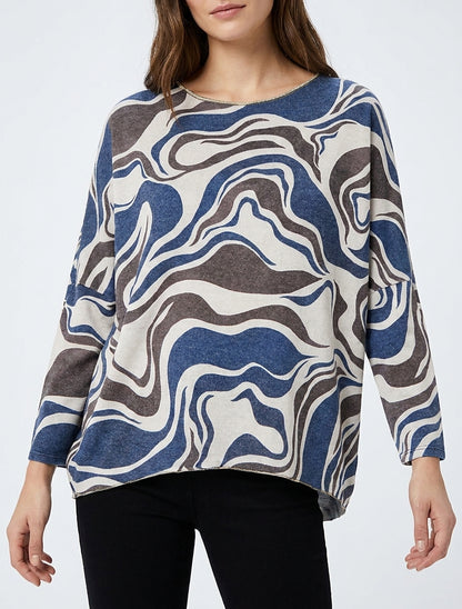 Maglia sottile stampata astratta con scollo rotondo - Marina