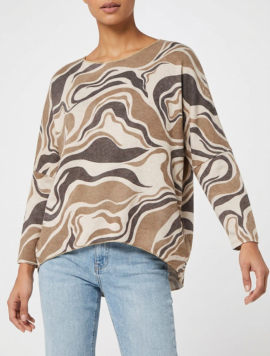 Maglia sottile stampata astratta con scollo rotondo - Beige