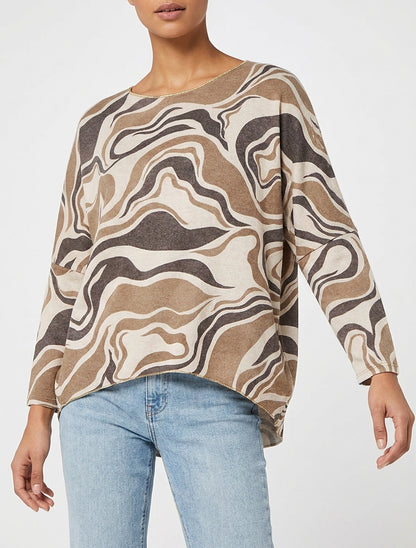 Maglia sottile stampata astratta con scollo rotondo - Beige