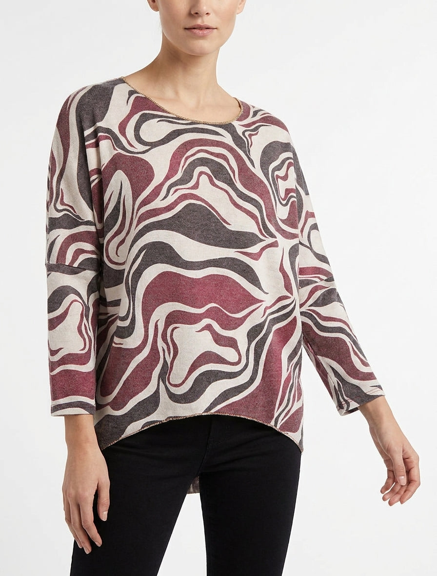 Maglia sottile stampata astratta con scollo rotondo - Feccia di vino