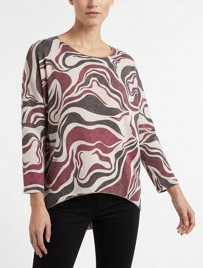 Maglia sottile stampata astratta con scollo rotondo - Feccia di vino