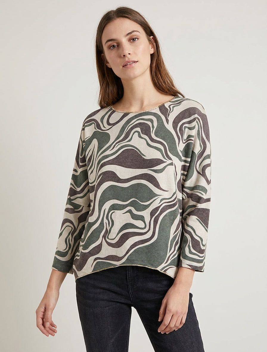Maglia sottile stampata astratta con scollo rotondo - Cachi