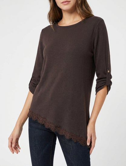 Maglione con bordi asimmetrici e pizzo - Marrone