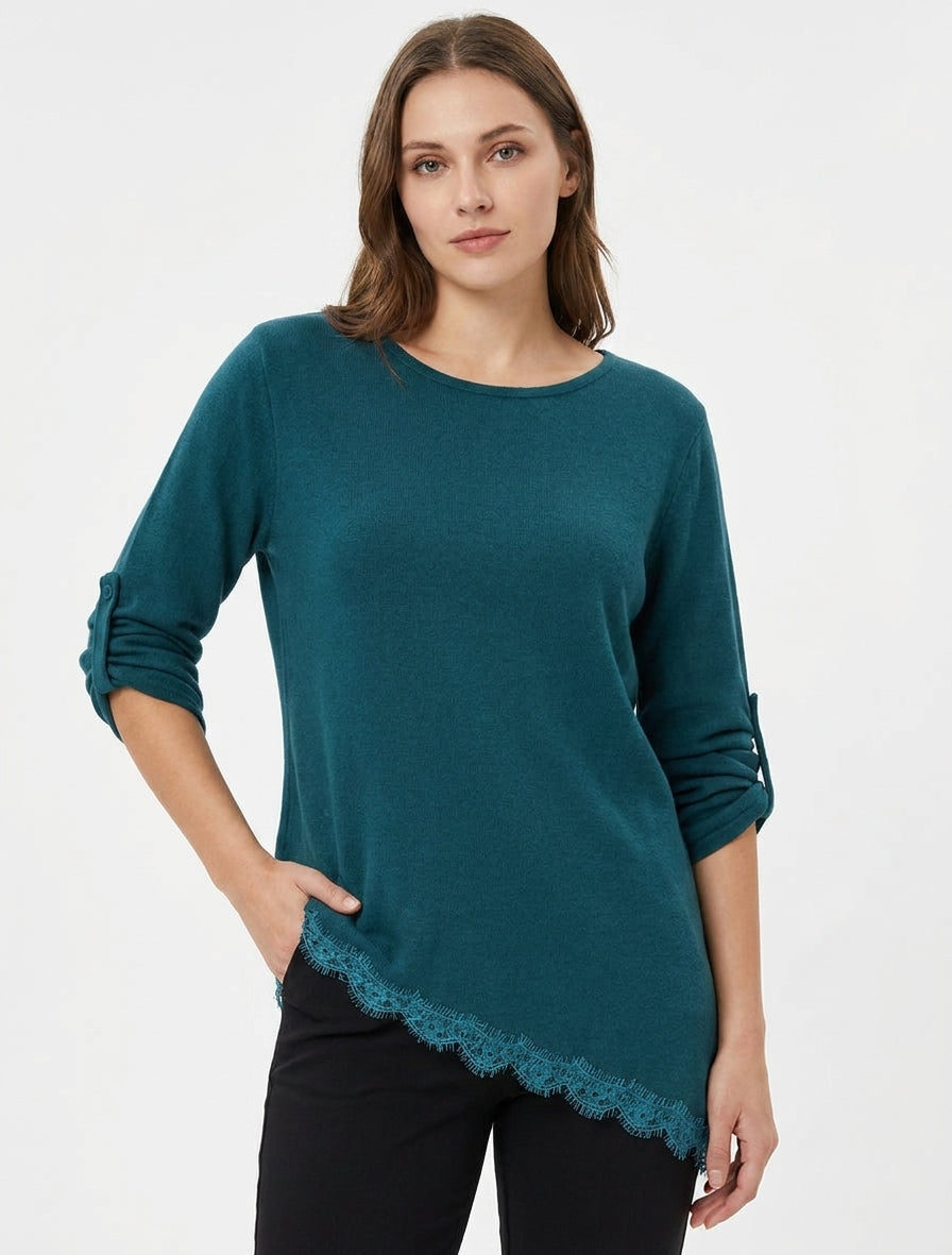 Maglione con bordi asimmetrici e pizzo - Blu petrolio