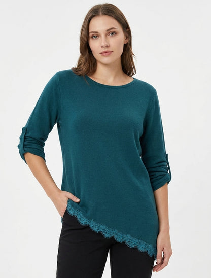 Maglione con bordi asimmetrici e pizzo - Blu petrolio