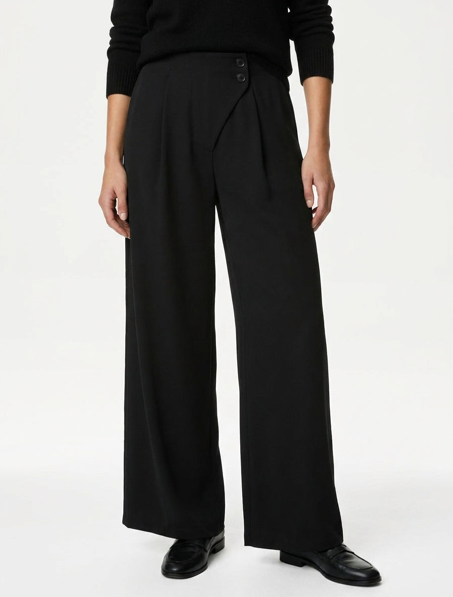 Pantaloni a tinta unita con vita elasticizzata - Nero