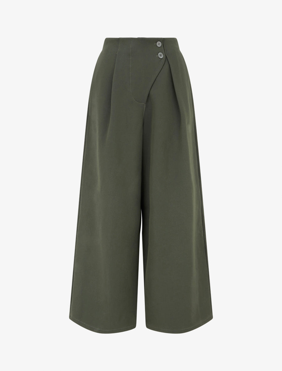 Pantalon uni à taille élastiquée - Kaki - 1