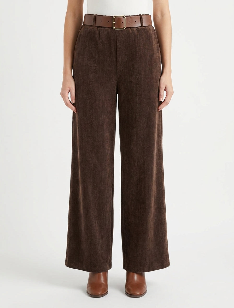 Pantaloni effetto velluto con vita elasticizzata - Marrone