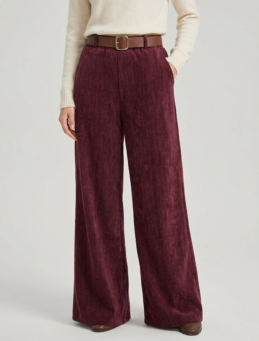 Pantaloni effetto velluto con vita elasticizzata - Feccia di vino