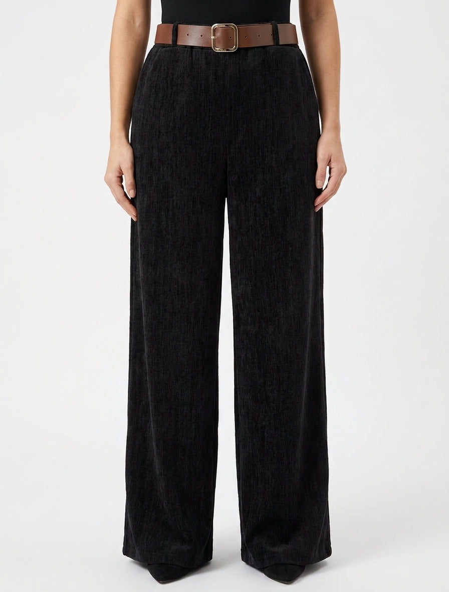 Pantaloni effetto velluto con vita elasticizzata - Nero