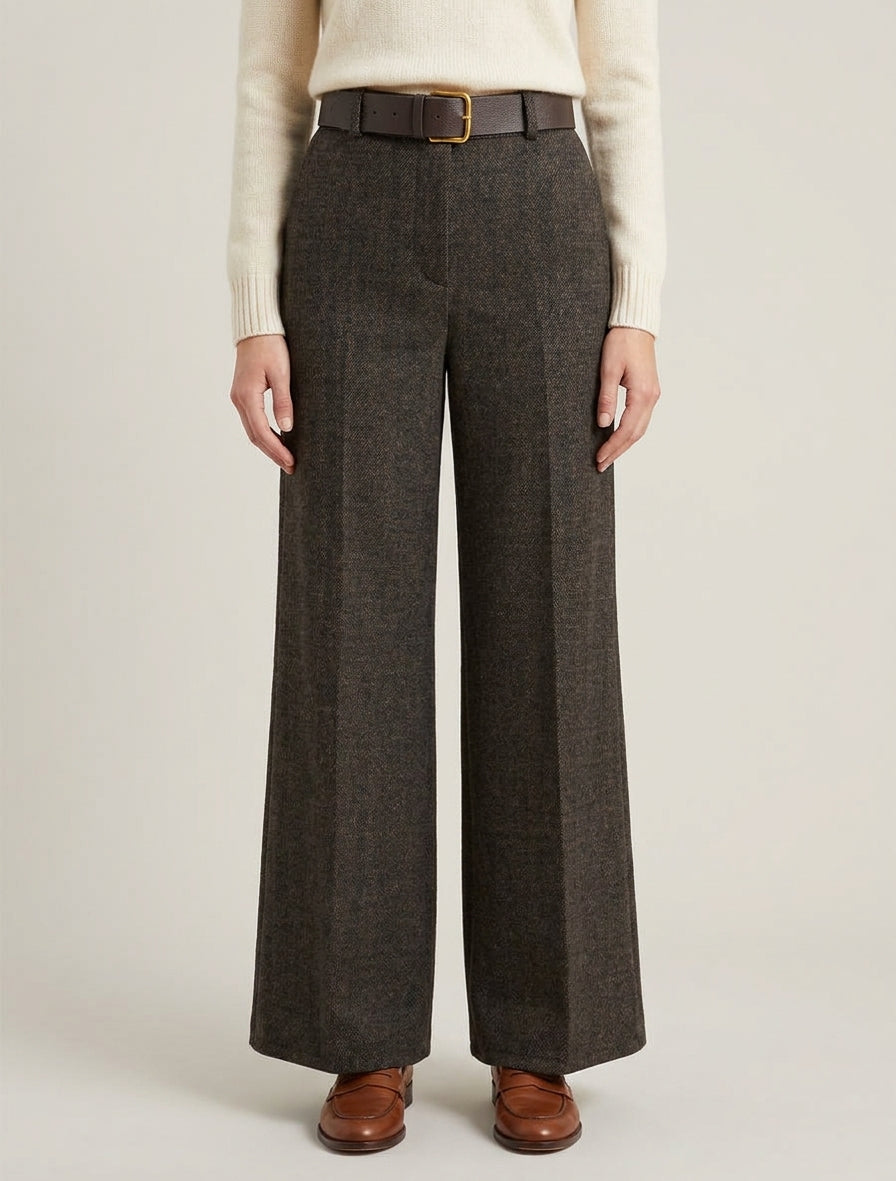 Pantaloni a vita alta in tessuto stile tela di lana. - Nero
