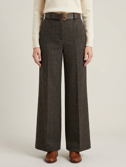 Pantaloni a vita alta in tessuto stile tela di lana. - Nero