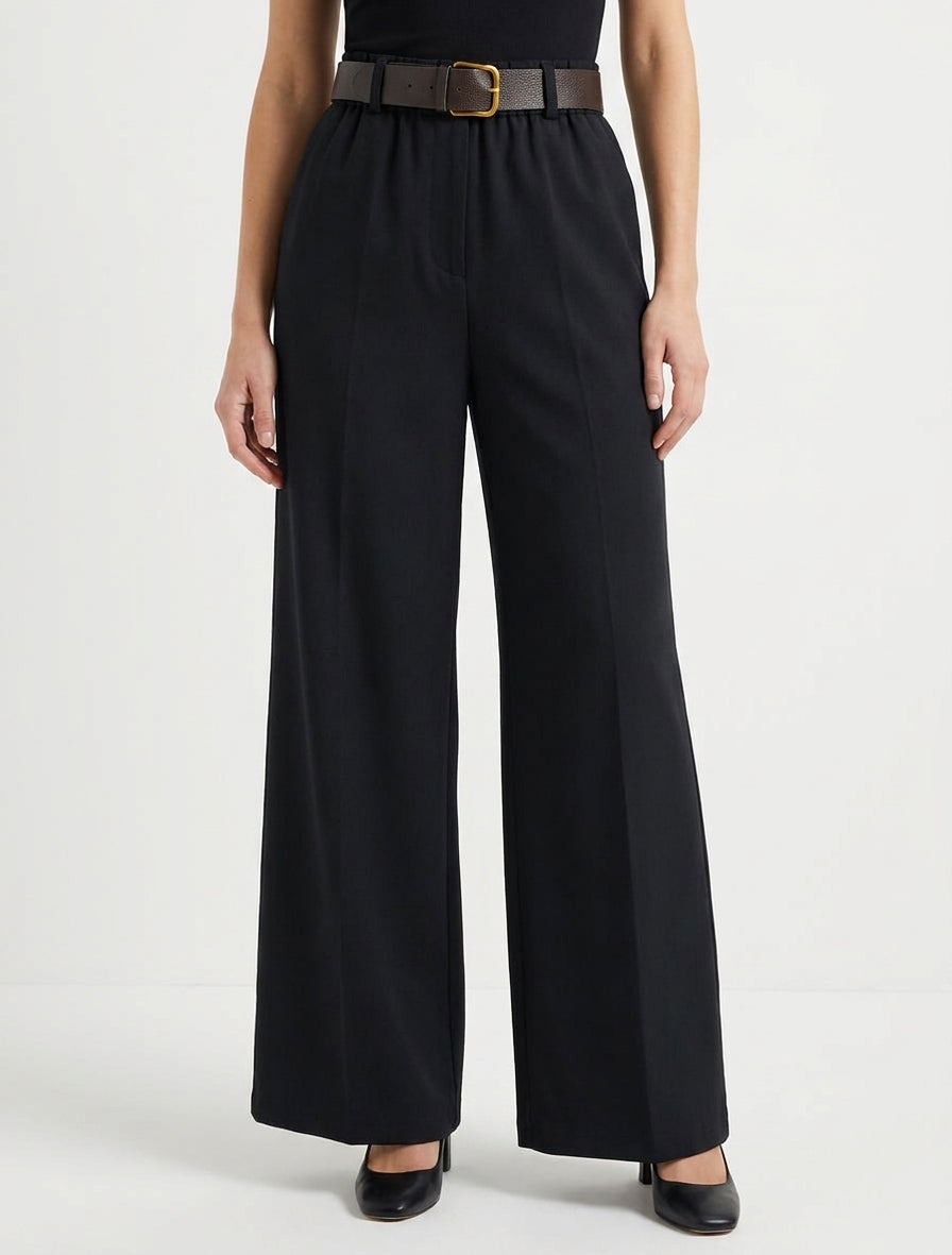 Pantaloni ampi a tinta unita con vita alta elasticizzata. - Nero