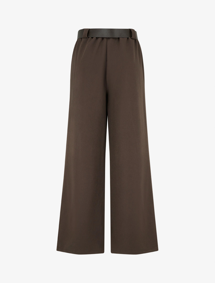 Pantalon ample uni à taille haute élastiquée - Marron - 2