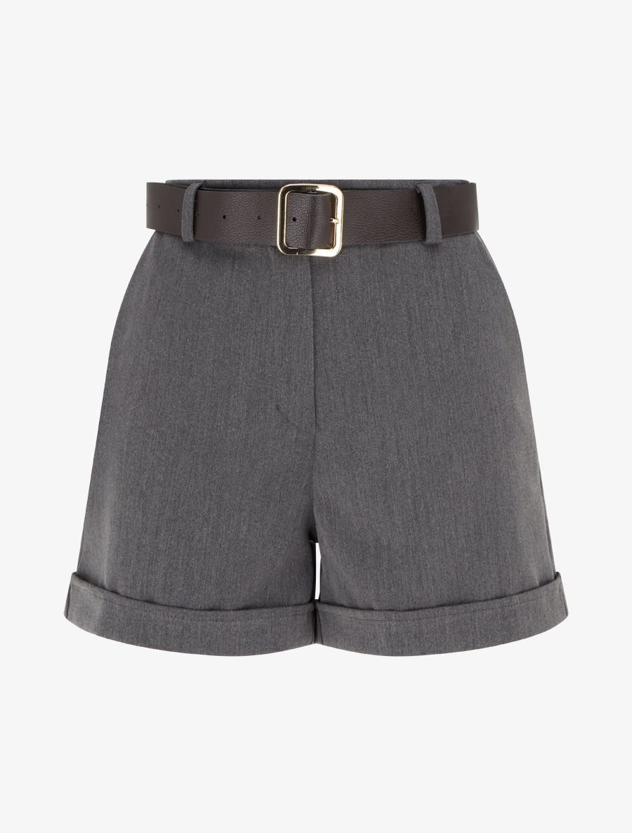 Short à revers ceinturé - Gris - 1