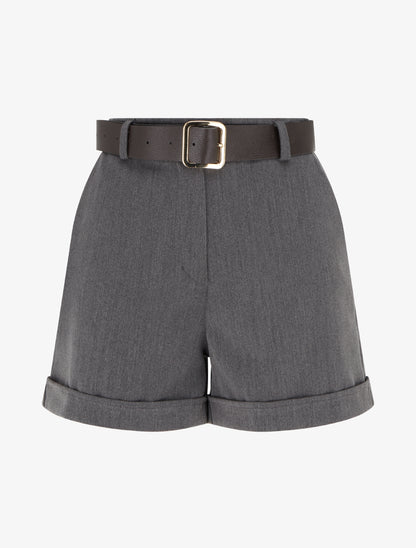 Short à revers ceinturé - Gris - 1