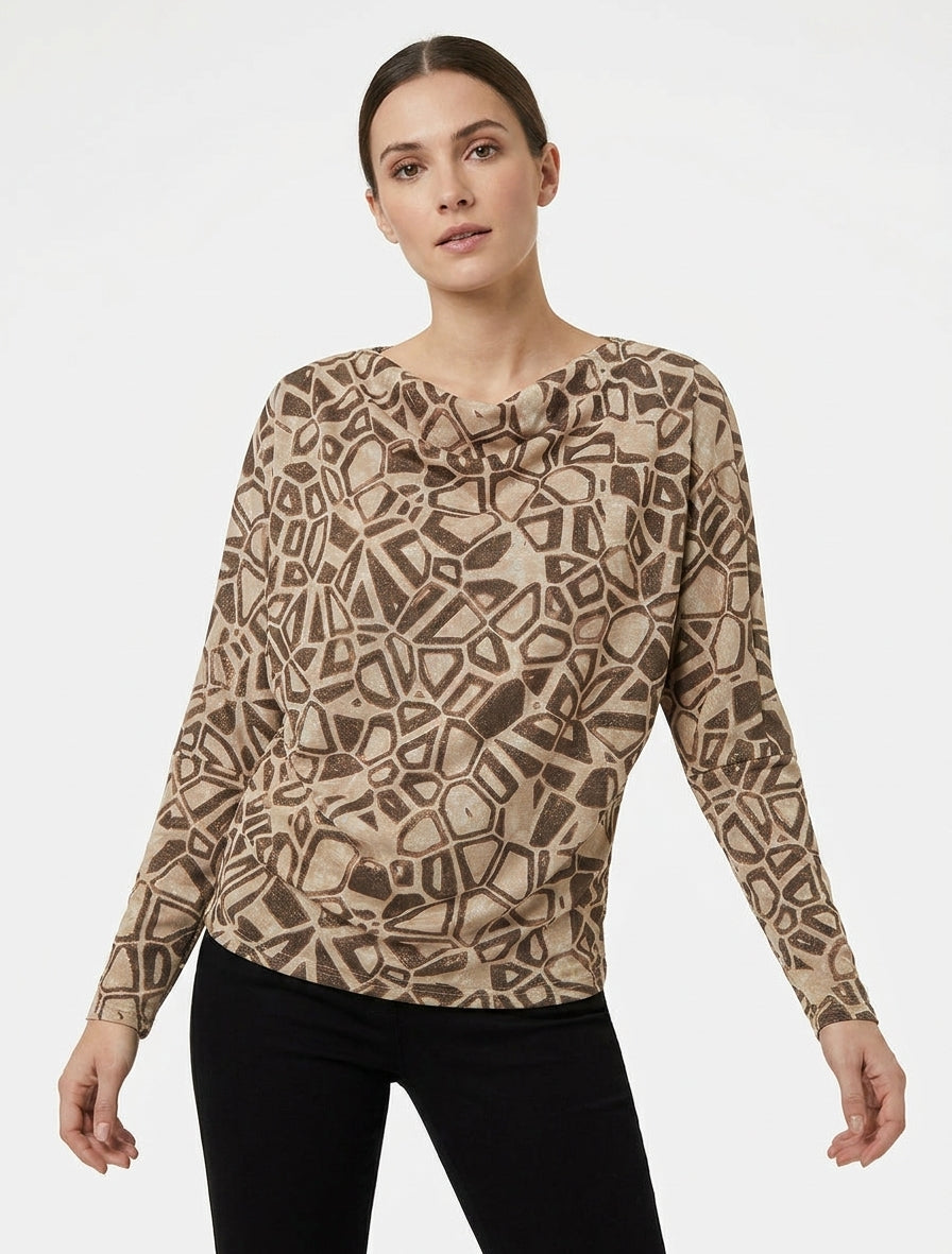 Top iridescente con collo a cascata con stampa grafica - Marrone